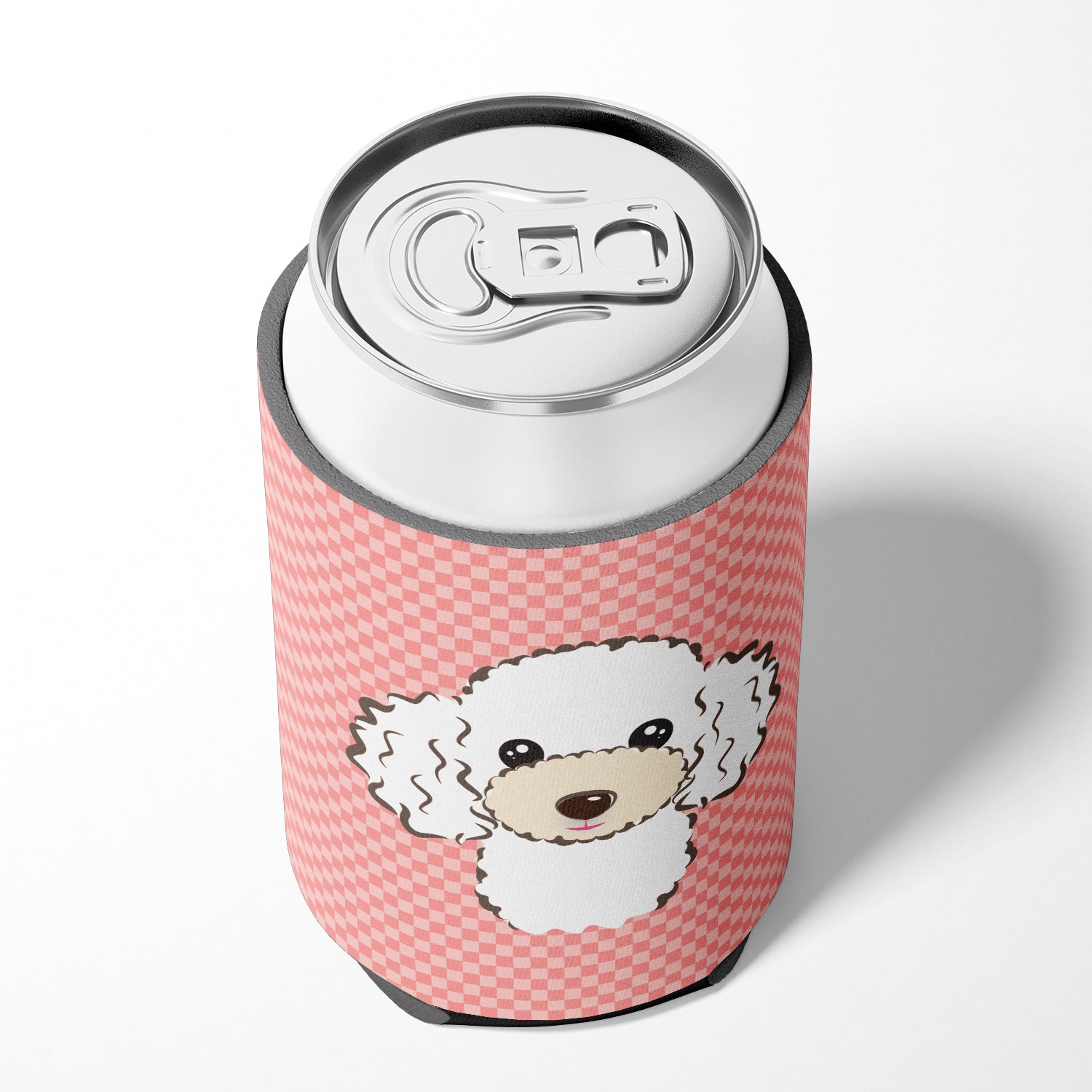 Checkerboard Pink White Poodle Can or Bottle Hugger BB1257CC