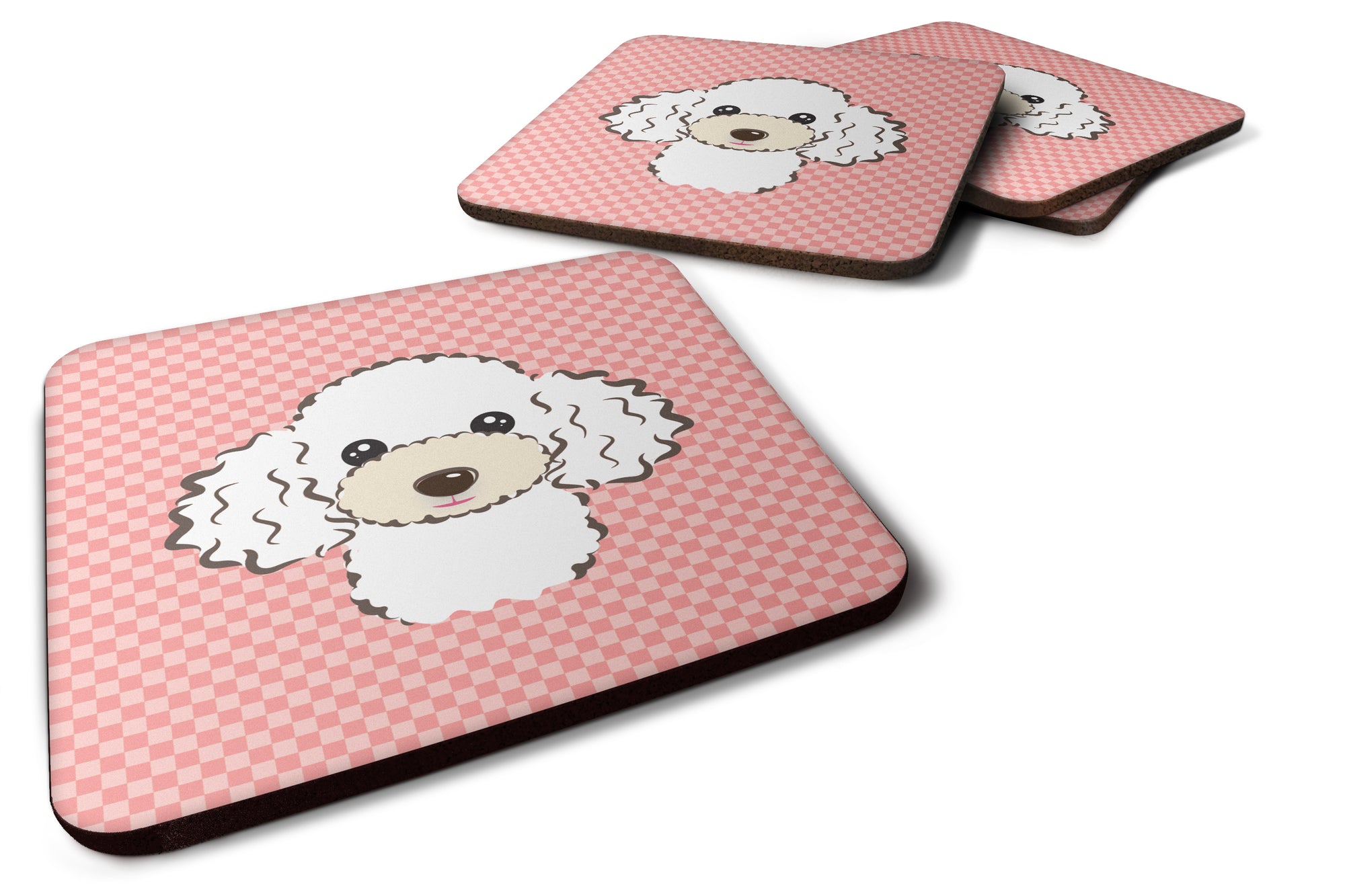 Set of 4 Checkerboard Pink White Poodle Foam Coasters BB1257FC - the-store.com