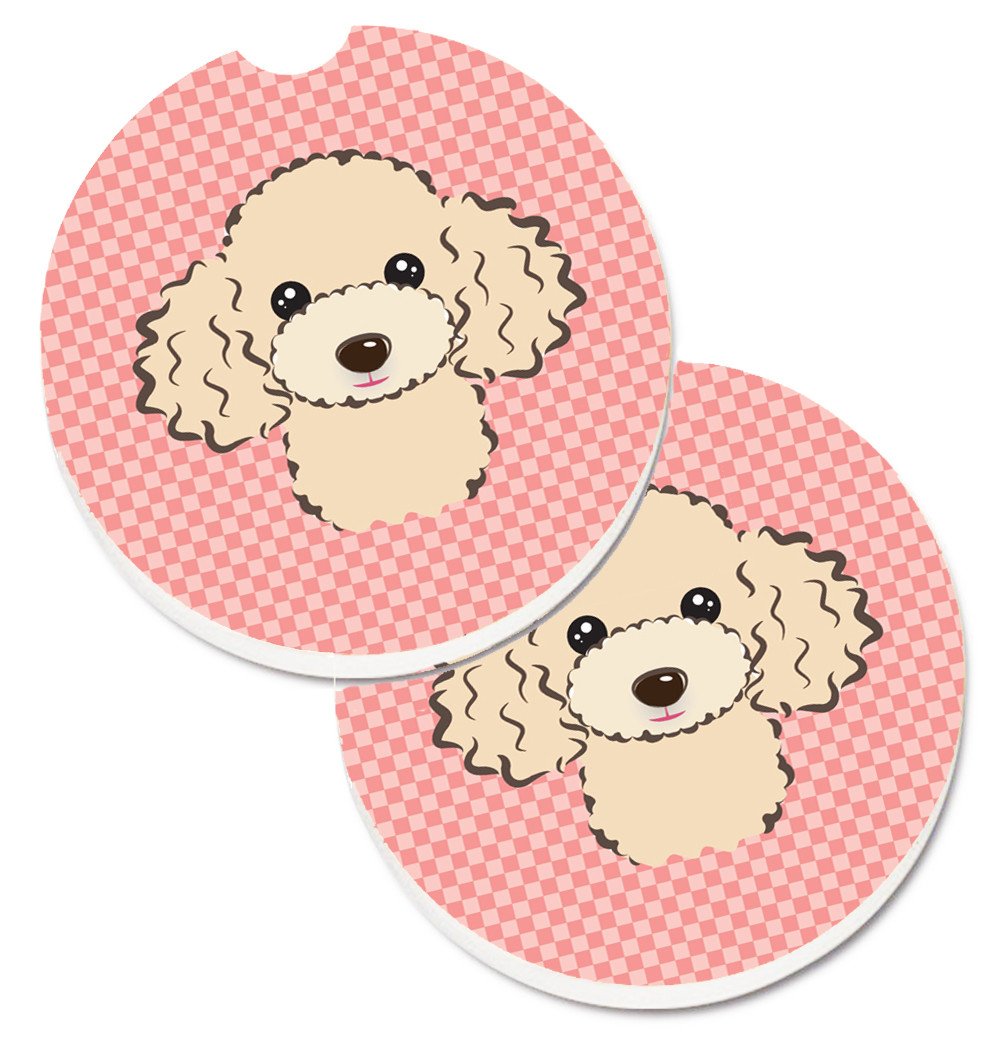 Checkerboard Pink Buff Poodle Set of 2 Cup Holder Car Coasters BB1258CARC by Caroline&#39;s Treasures