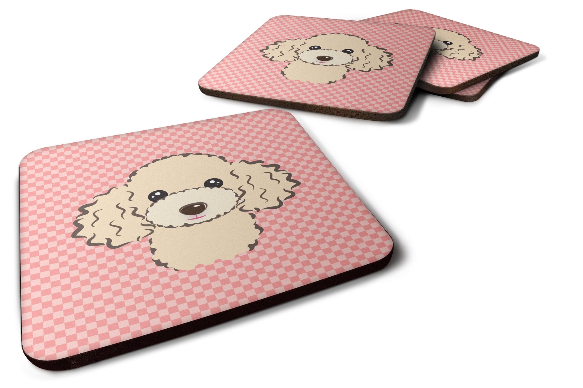 Set of 4 Checkerboard Pink Buff Poodle Foam Coasters BB1258FC - the-store.com