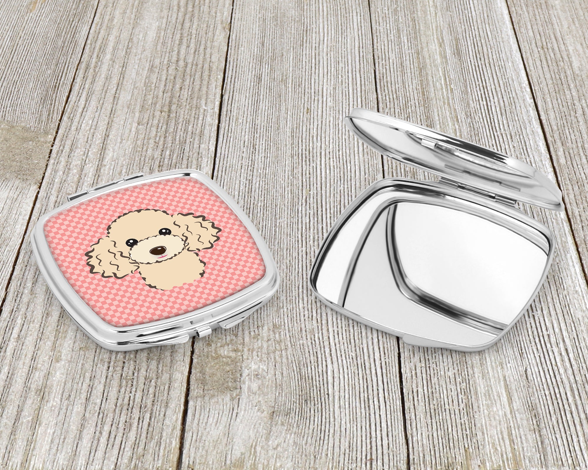 Checkerboard Pink Buff Poodle Compact Mirror BB1258SCM