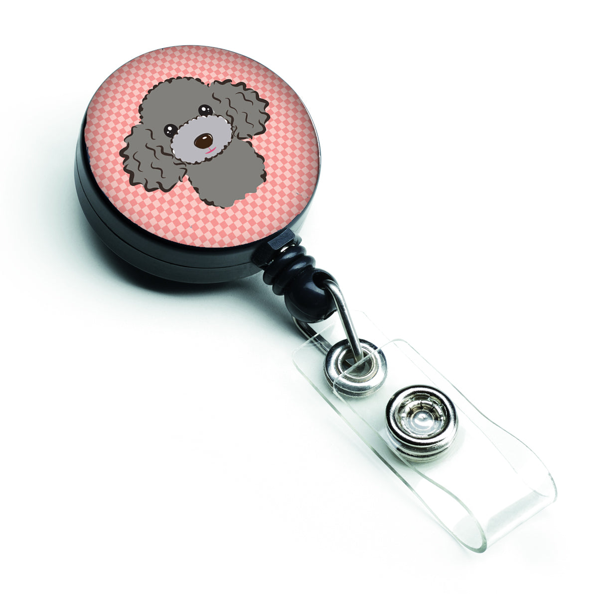 Bobine de badge rétractable caniche gris argenté rose damier BB1259BR