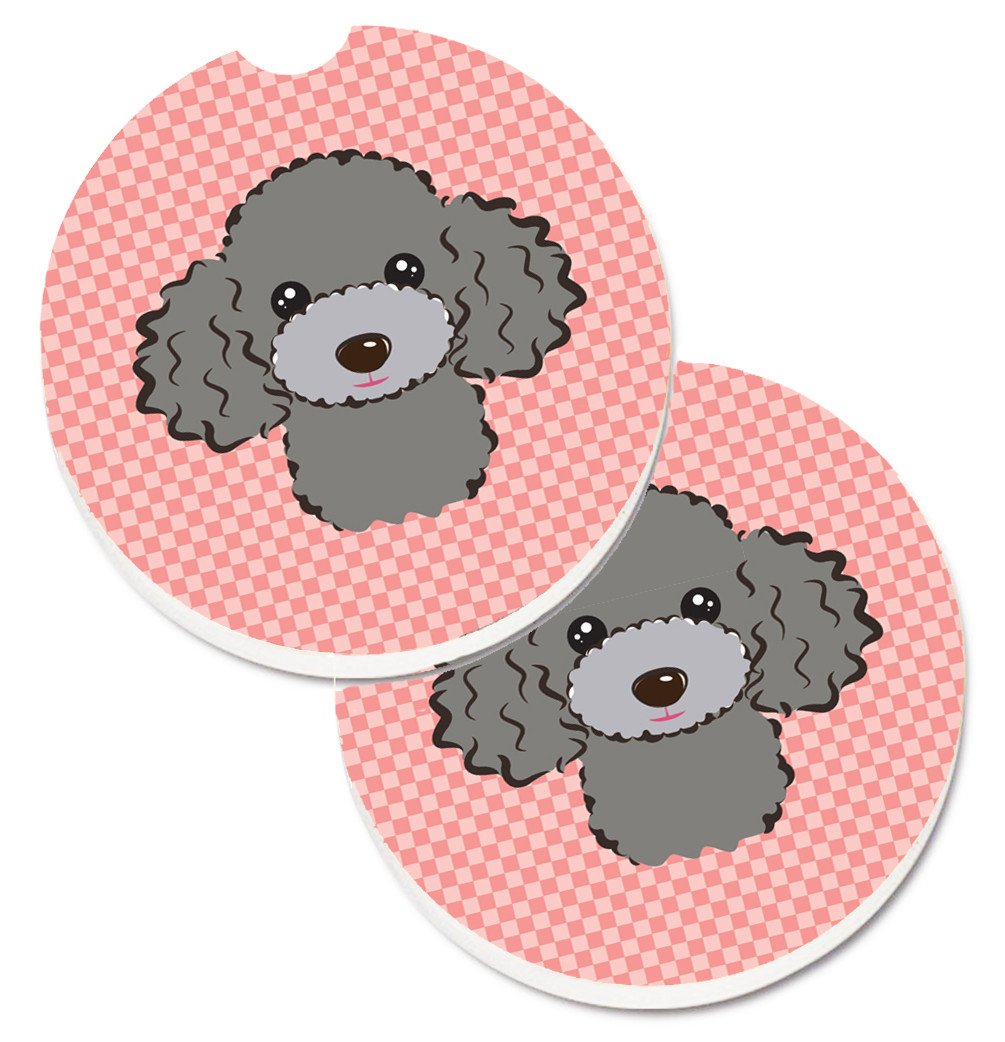 Checkerboard Pink Silver Gray Poodle Set of 2 Cup Holder Car Coasters BB1259CARC by Caroline&#39;s Treasures