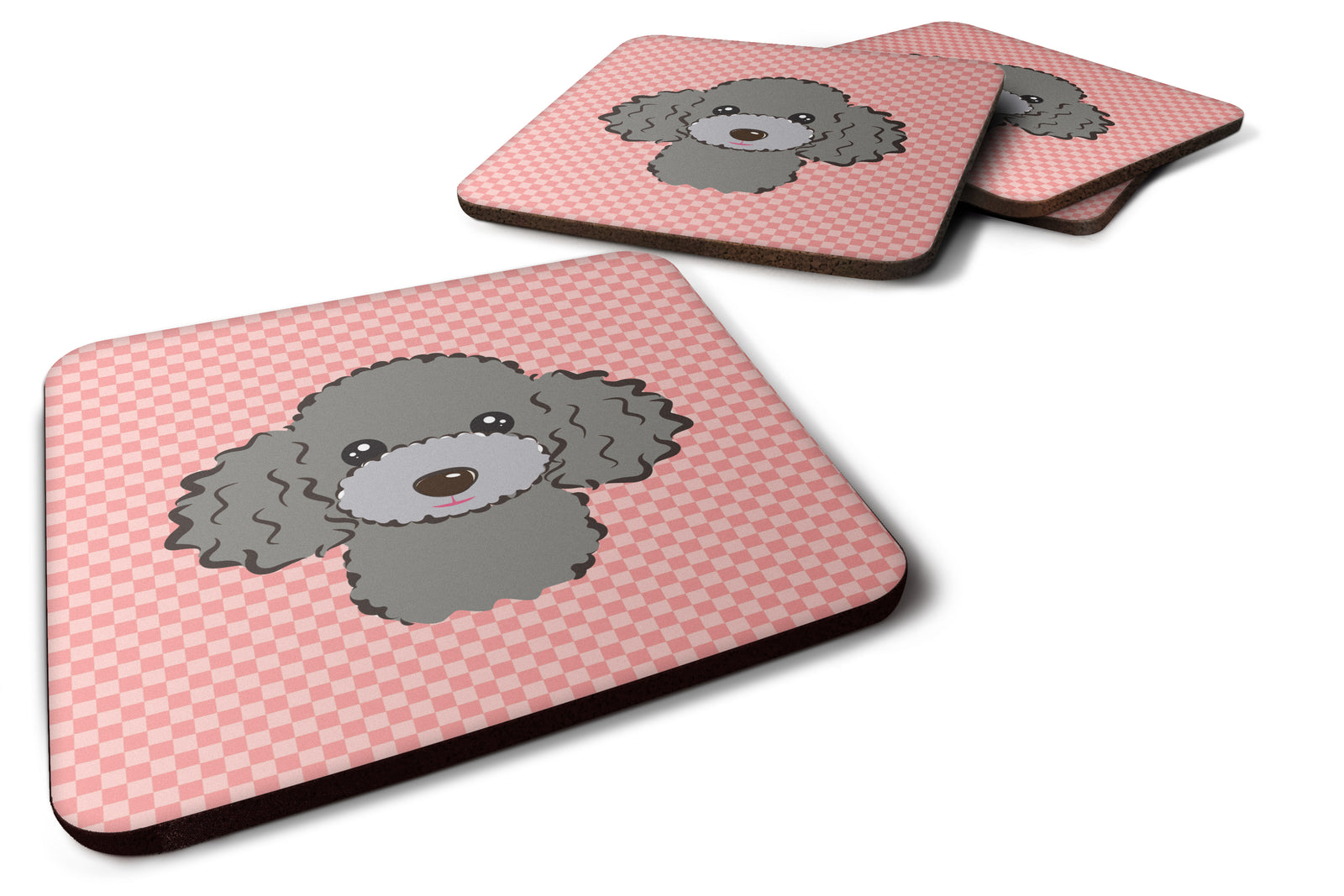 Set of 4 Checkerboard Pink Silver Gray Poodle Foam Coasters BB1259FC - the-store.com