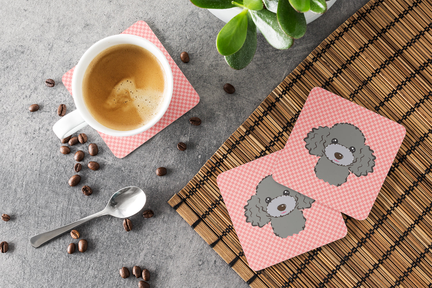 Set of 4 Checkerboard Pink Silver Gray Poodle Foam Coasters BB1259FC - the-store.com