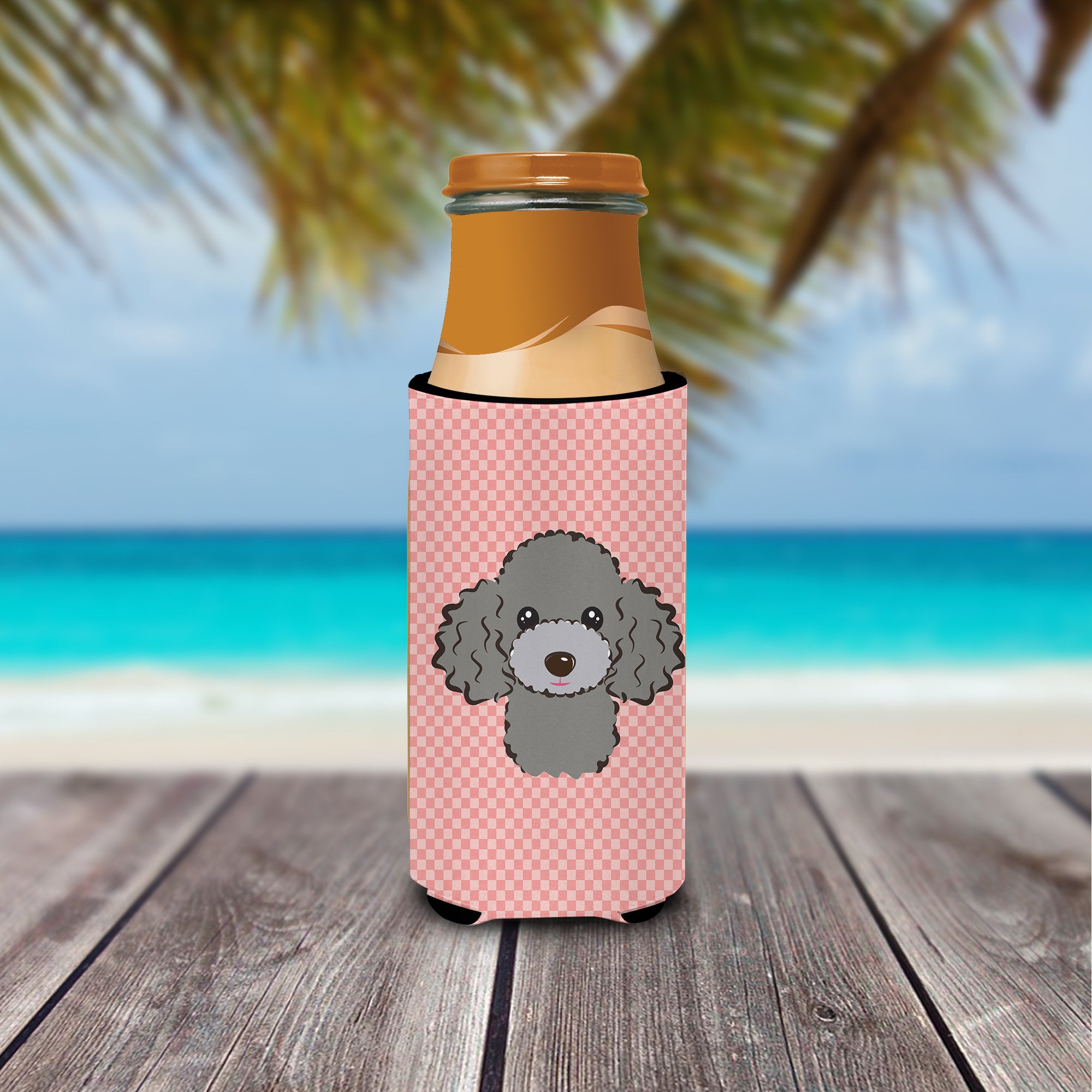 Checkerboard Pink Silver Gray Poodle Ultra Beverage Insulators for slim cans