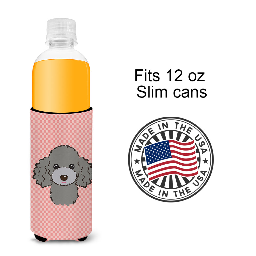 Checkerboard Pink Silver Gray Poodle Ultra Beverage Insulators for slim cans