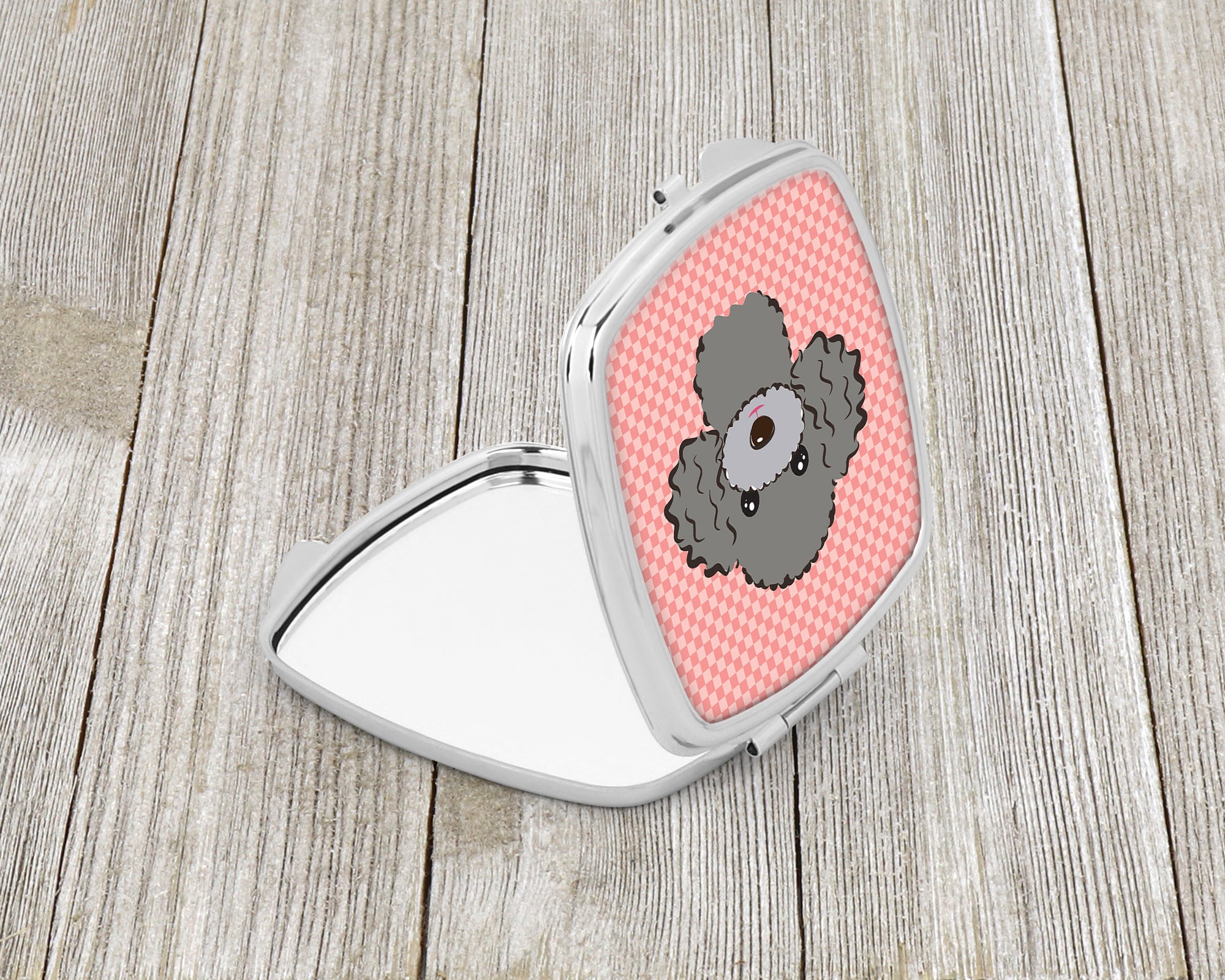 Checkerboard Pink Silver Gray Poodle Compact Mirror BB1259SCM  the-store.com.