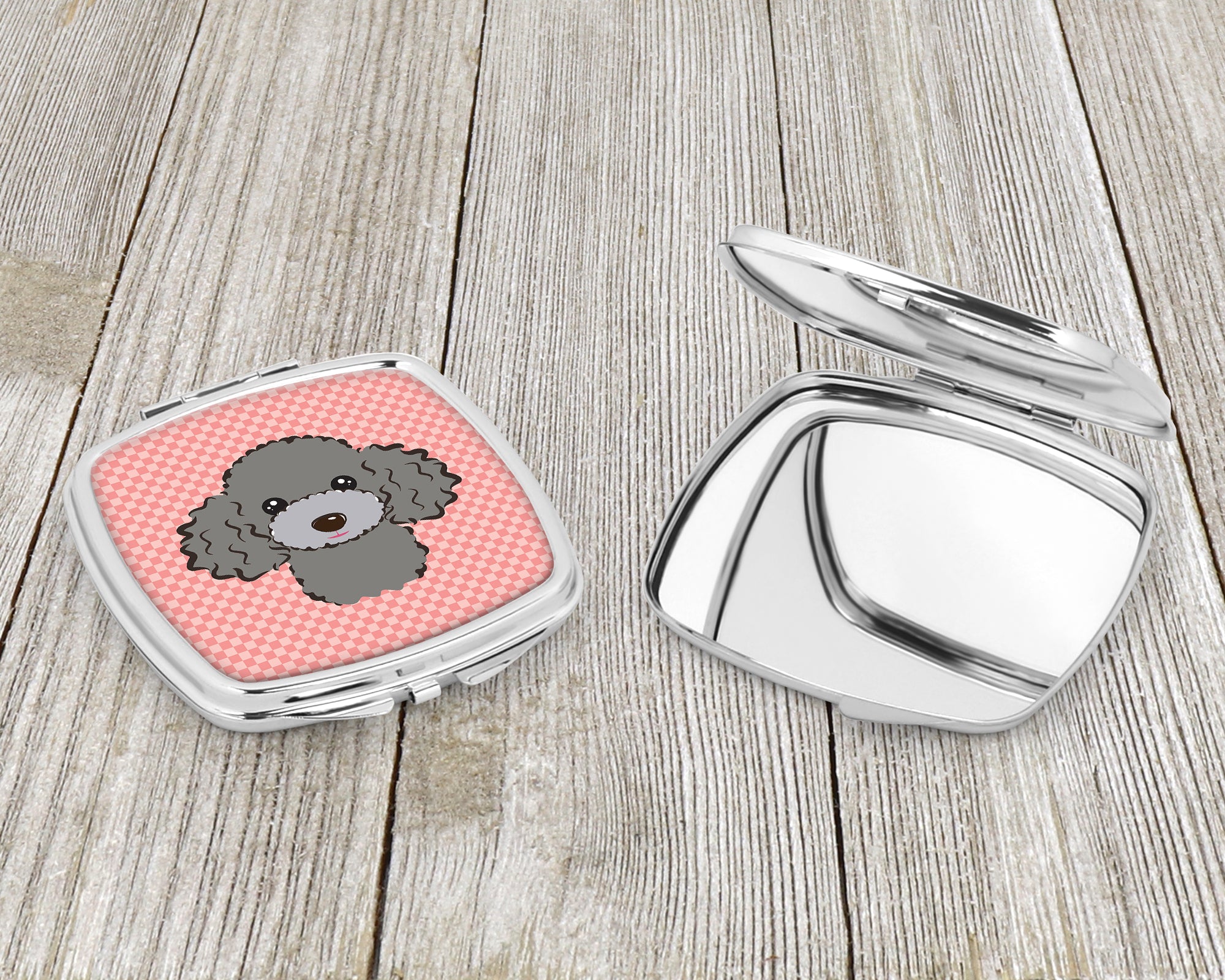 Checkerboard Pink Silver Gray Poodle Compact Mirror BB1259SCM  the-store.com.