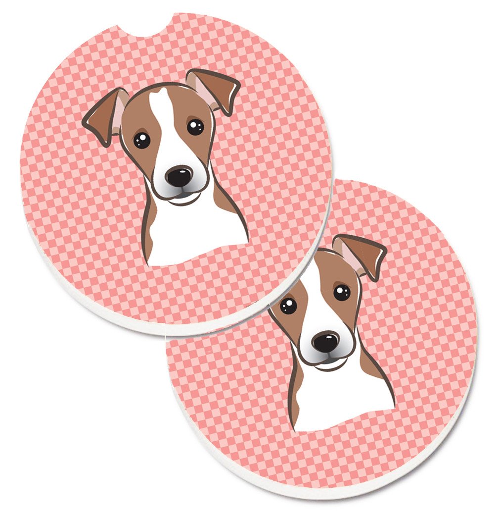 Checkerboard Pink Jack Russell Terrier Set of 2 Cup Holder Car Coasters BB1260CARC by Caroline&#39;s Treasures