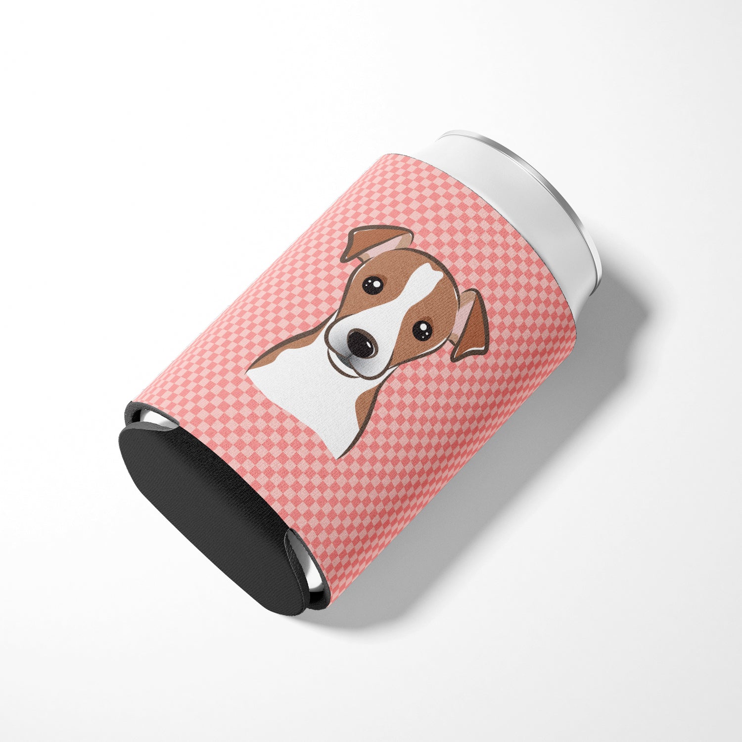 Checkerboard Pink Jack Russell Terrier Can or Bottle Hugger BB1260CC.