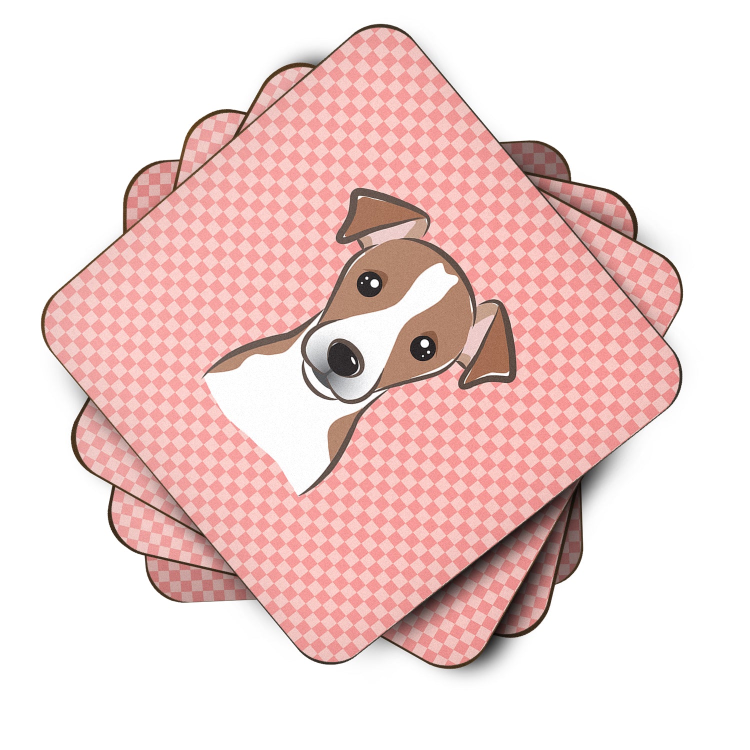 Set of 4 Checkerboard Pink Jack Russell Terrier Foam Coasters BB1260FC - the-store.com
