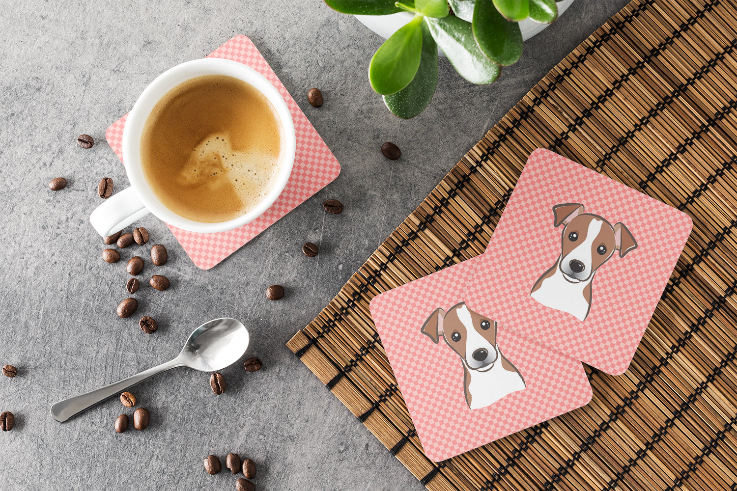 Set of 4 Checkerboard Pink Jack Russell Terrier Foam Coasters BB1260FC - the-store.com