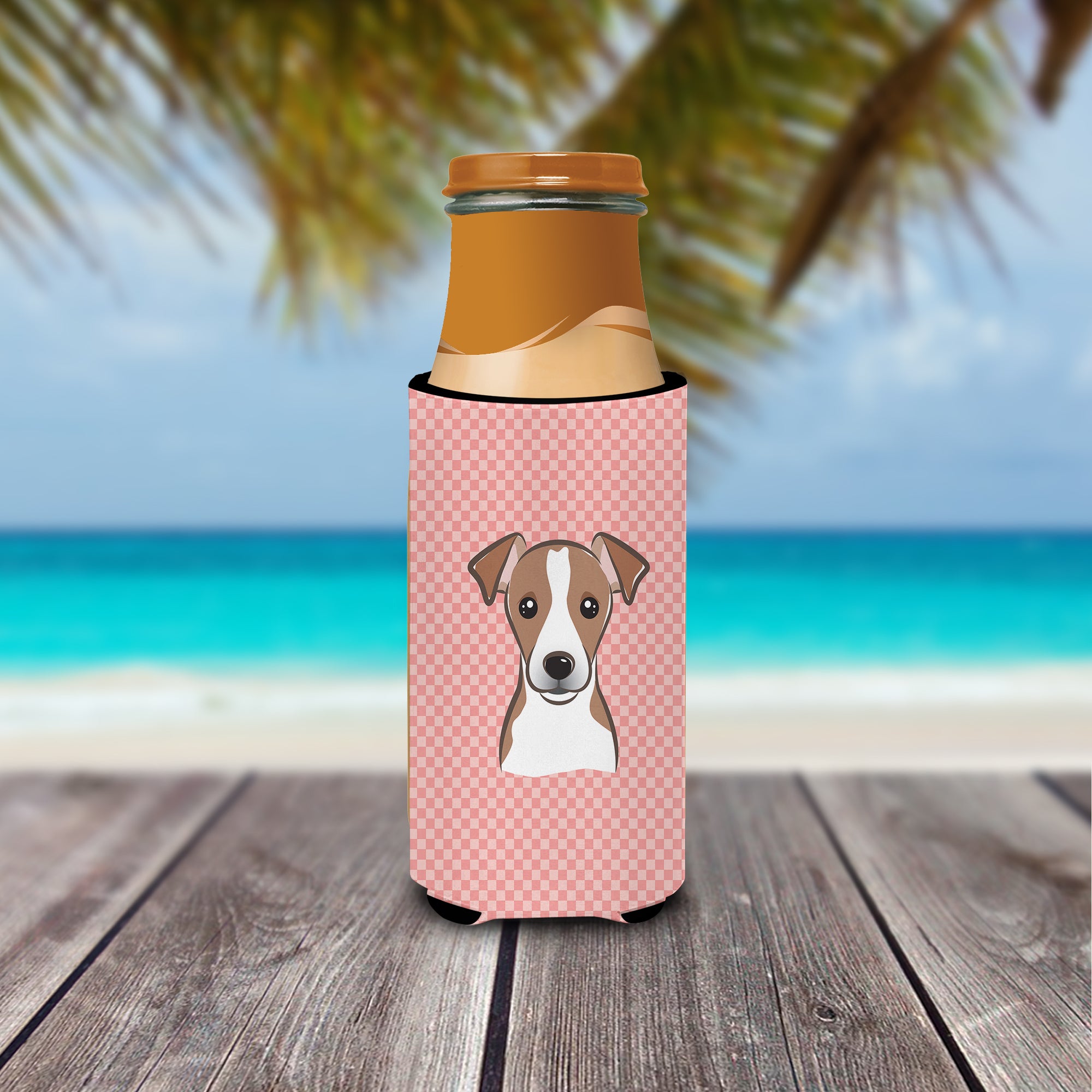 Checkerboard Pink Jack Russell Terrier Ultra Beverage Insulators for slim cans.