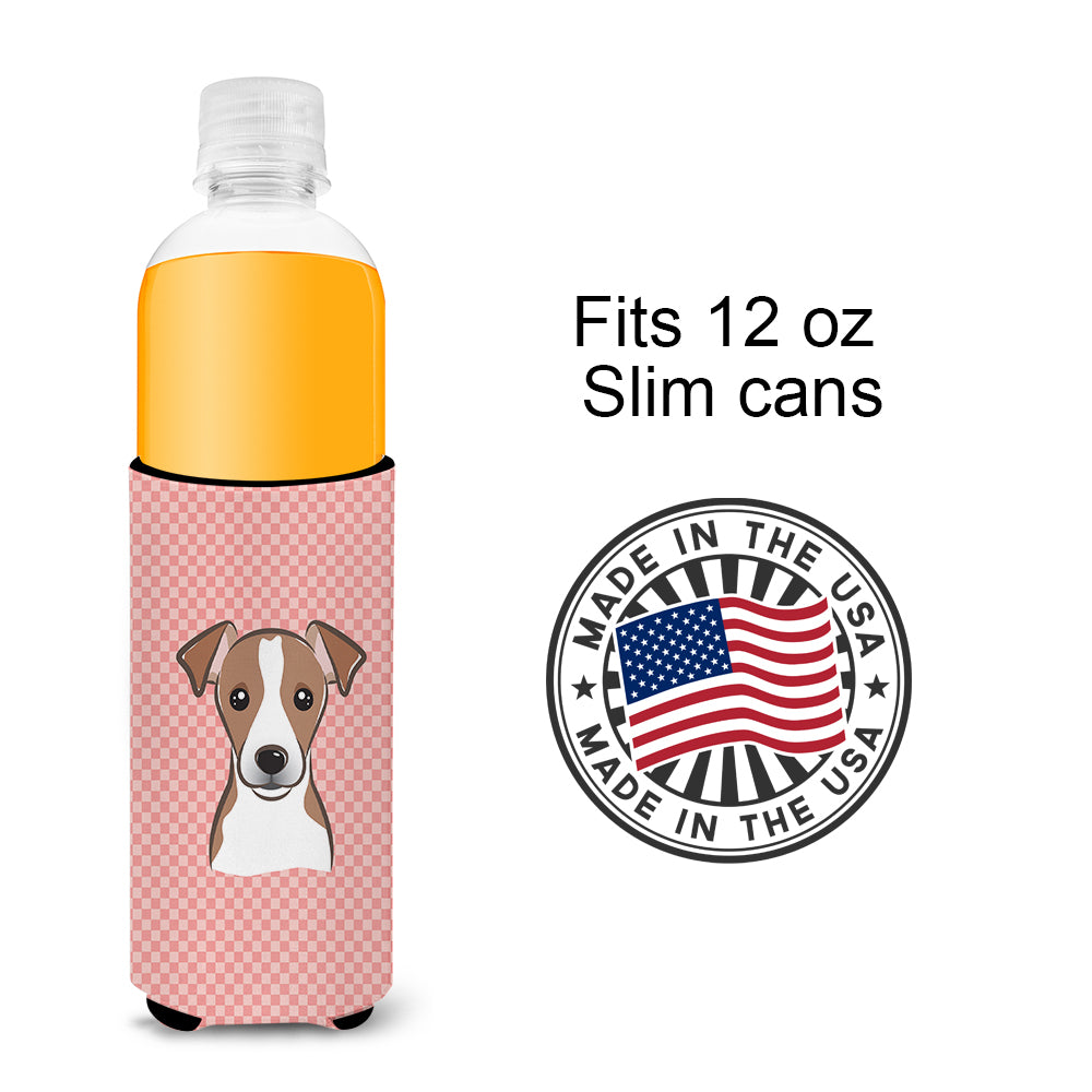 Checkerboard Pink Jack Russell Terrier Ultra Beverage Insulators for slim cans