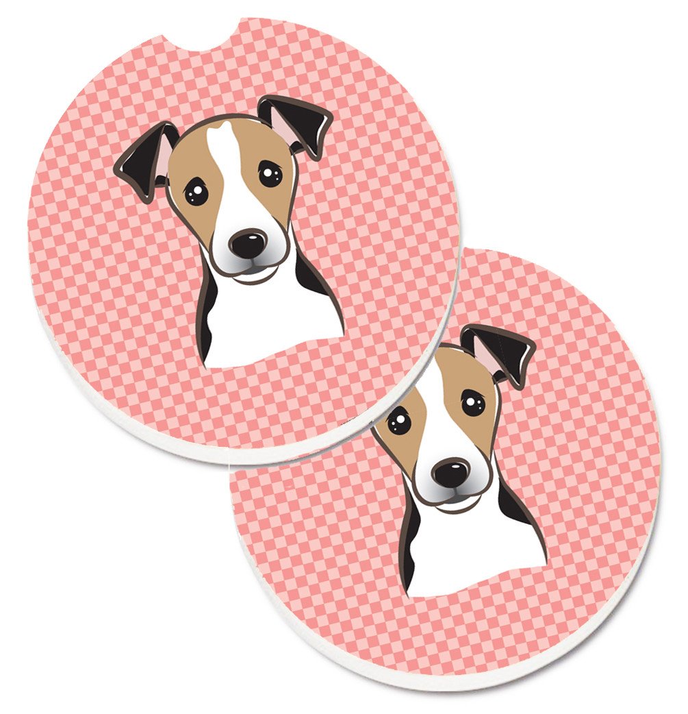 Checkerboard Pink Jack Russell Terrier Set of 2 Cup Holder Car Coasters BB1261CARC by Caroline&#39;s Treasures