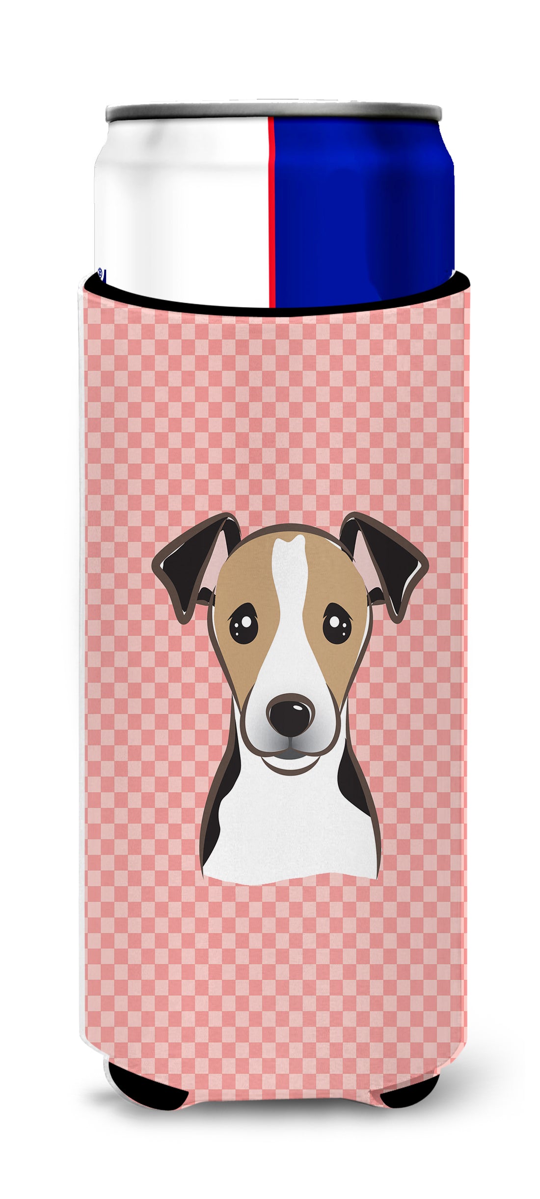 Checkerboard Pink Jack Russell Terrier Ultra Beverage Insulators for slim cans