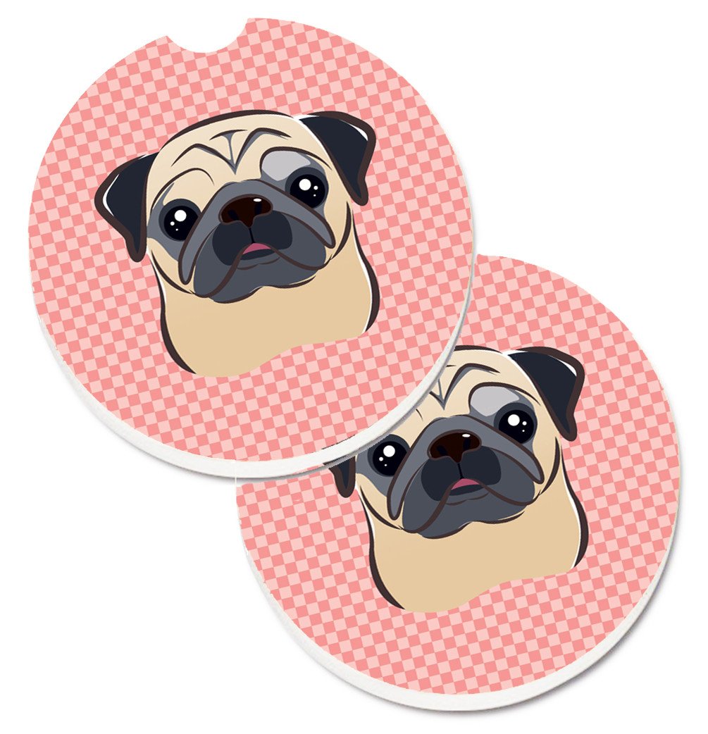 Checkerboard Pink Fawn Pug Set of 2 Cup Holder Car Coasters BB1262CARC by Caroline&#39;s Treasures