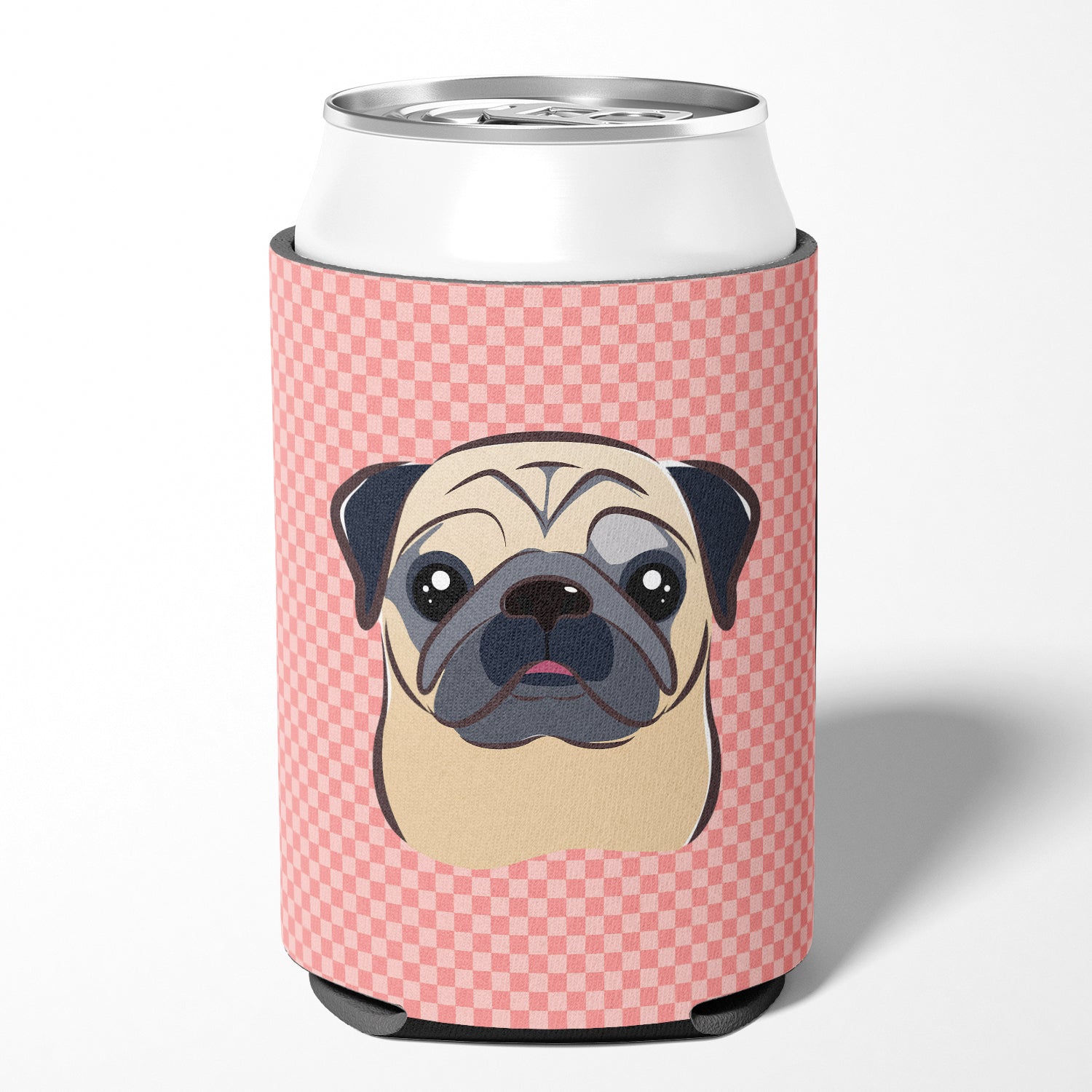 Checkerboard Pink Fawn Pug Can or Bottle Hugger BB1262CC.