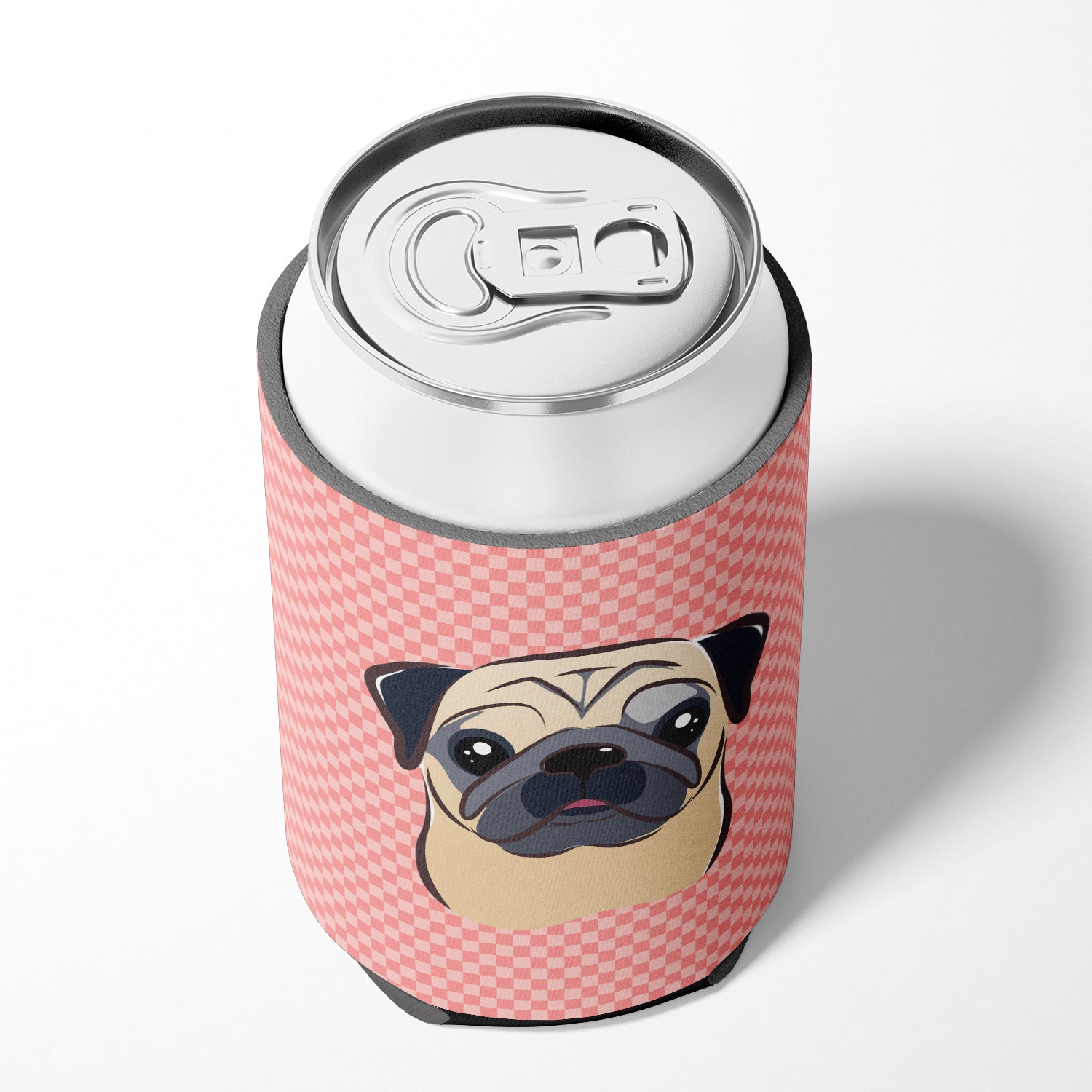 Checkerboard Pink Fawn Pug Can or Bottle Hugger BB1262CC.
