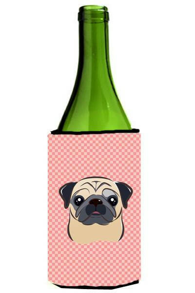 Checkerboard Pink Fawn Pug Wine Bottle Beverage Insulator Hugger BB1262LITERK by Caroline&#39;s Treasures