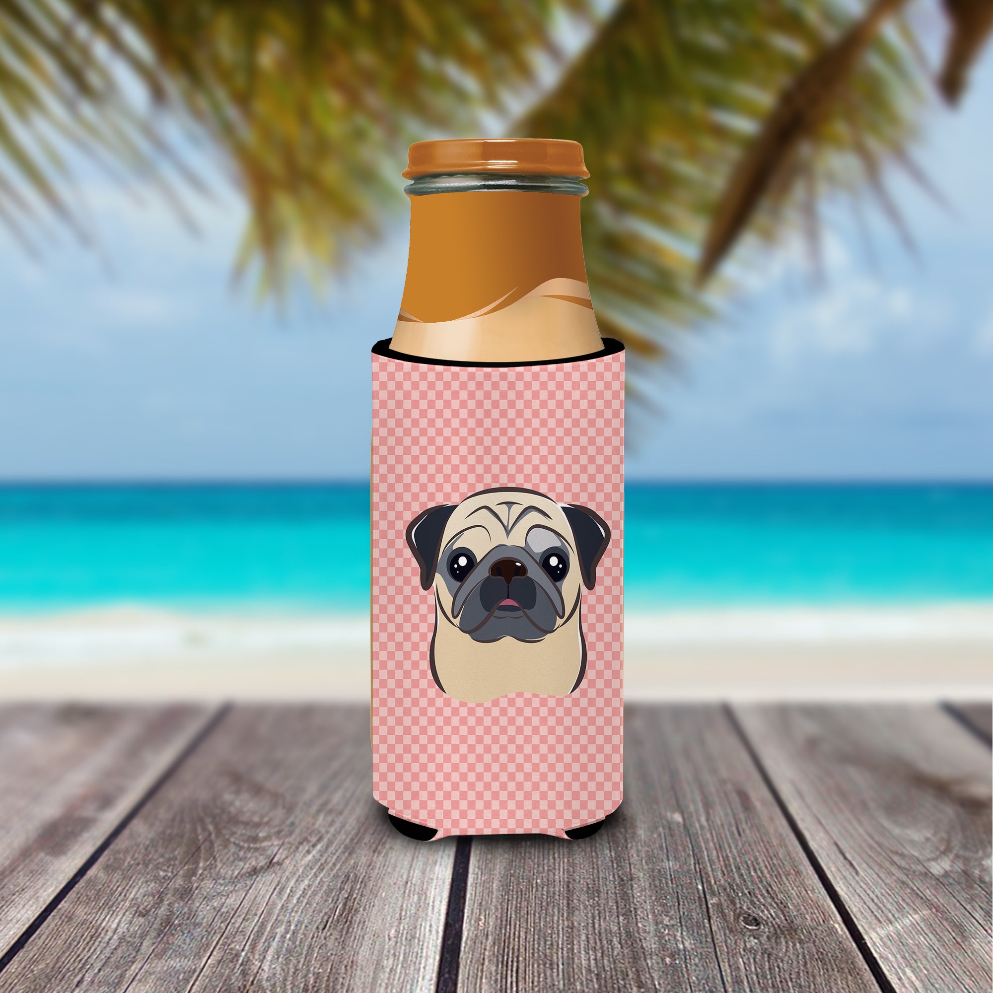 Checkerboard Pink Fawn Pug Ultra Beverage Insulators for slim cans BB1262MUK.