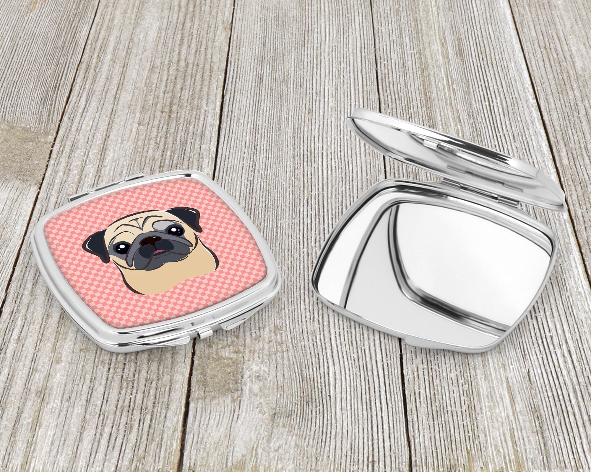 Checkerboard Pink Fawn Pug Compact Mirror BB1262SCM  the-store.com.