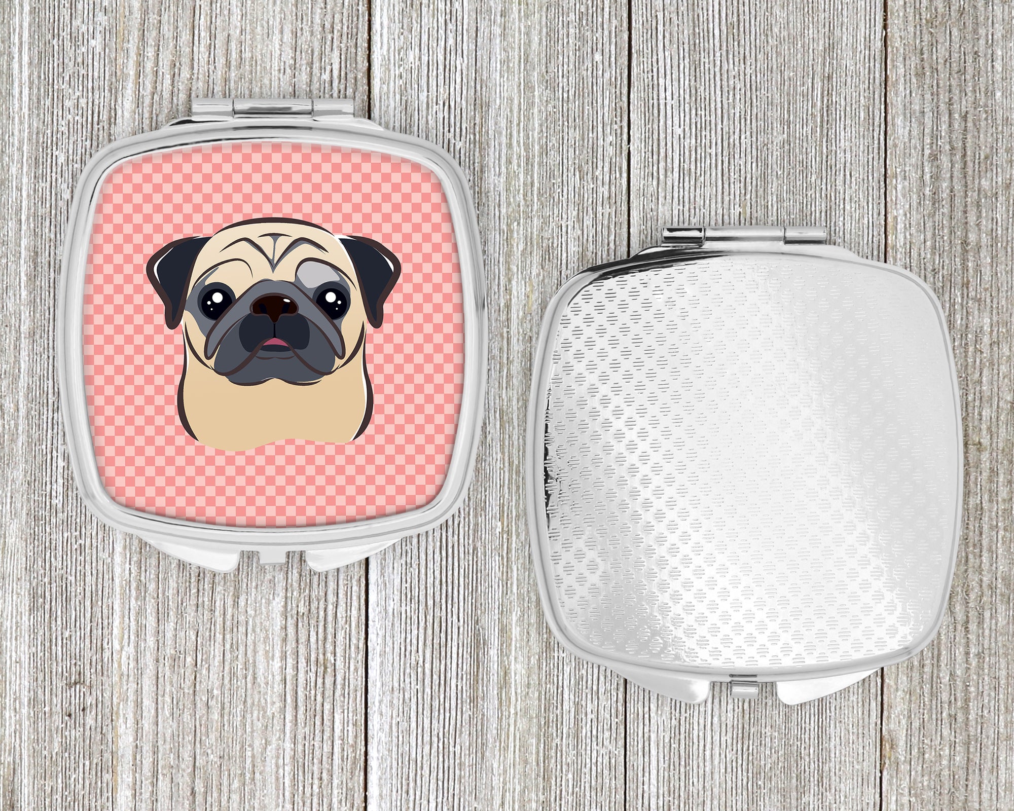 Checkerboard Pink Fawn Pug Compact Mirror BB1262SCM  the-store.com.