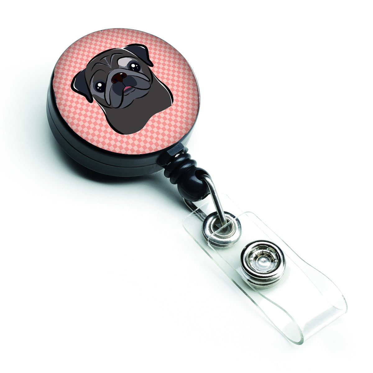 Checkerboard Pink Black Pug Retractable Badge Reel BB1263BR
