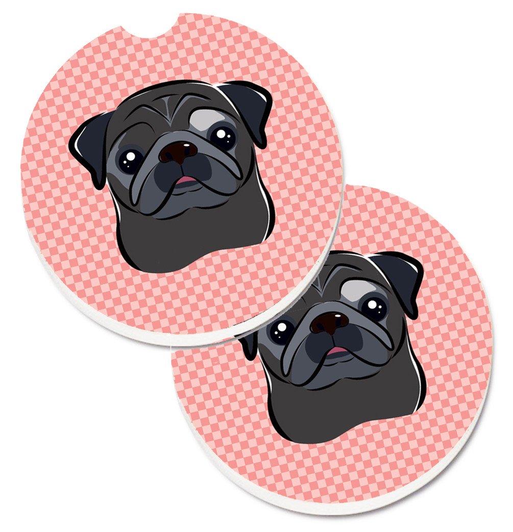Checkerboard Pink Black Pug Set of 2 Cup Holder Car Coasters BB1263CARC by Caroline&#39;s Treasures