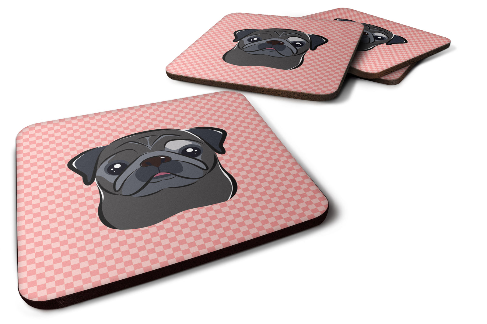 Set of 4 Checkerboard Pink Black Pug Foam Coasters BB1263FC - the-store.com
