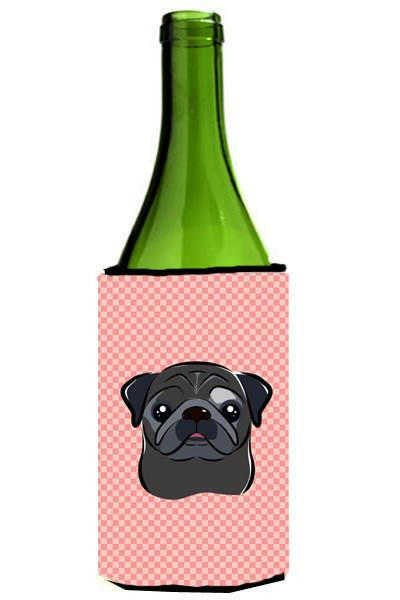 Checkerboard Pink Black Pug Wine Bottle Beverage Insulator Hugger BB1263LITERK by Caroline&#39;s Treasures