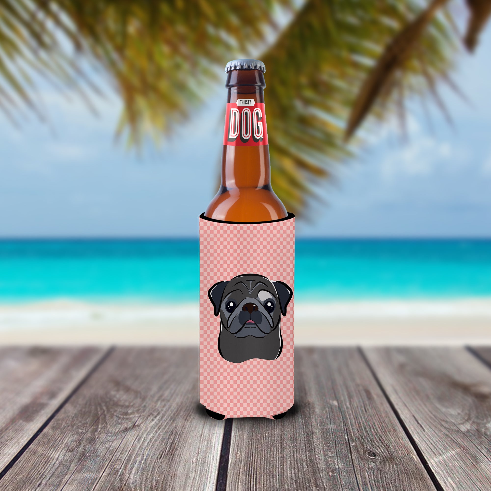 Checkerboard Pink Black Pug Ultra Beverage Insulators for slim cans BB1263MUK.