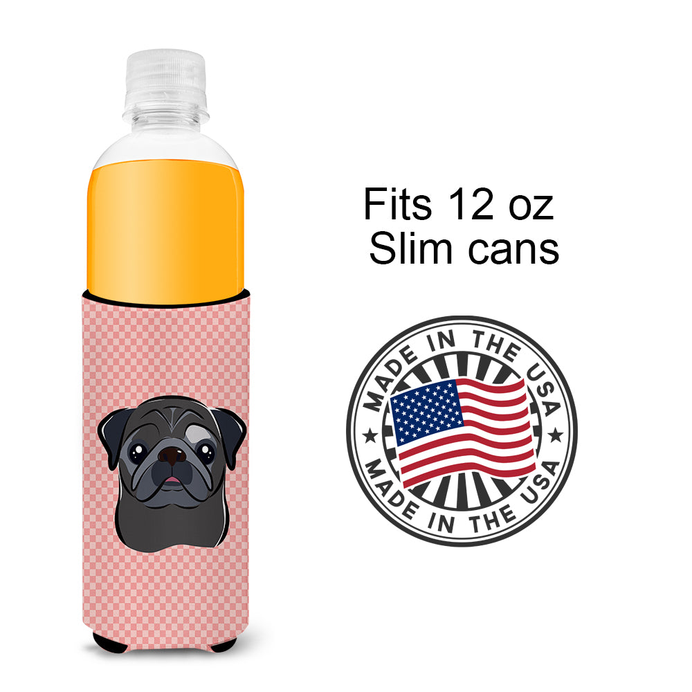 Checkerboard Pink Black Pug Ultra Beverage Insulators for slim cans BB1263MUK.