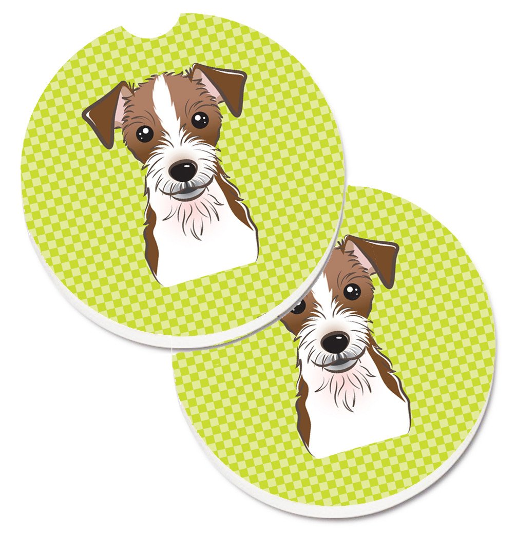 Checkerboard Lime Green Jack Russell Terrier Set of 2 Cup Holder Car Coasters BB1264CARC by Caroline&#39;s Treasures