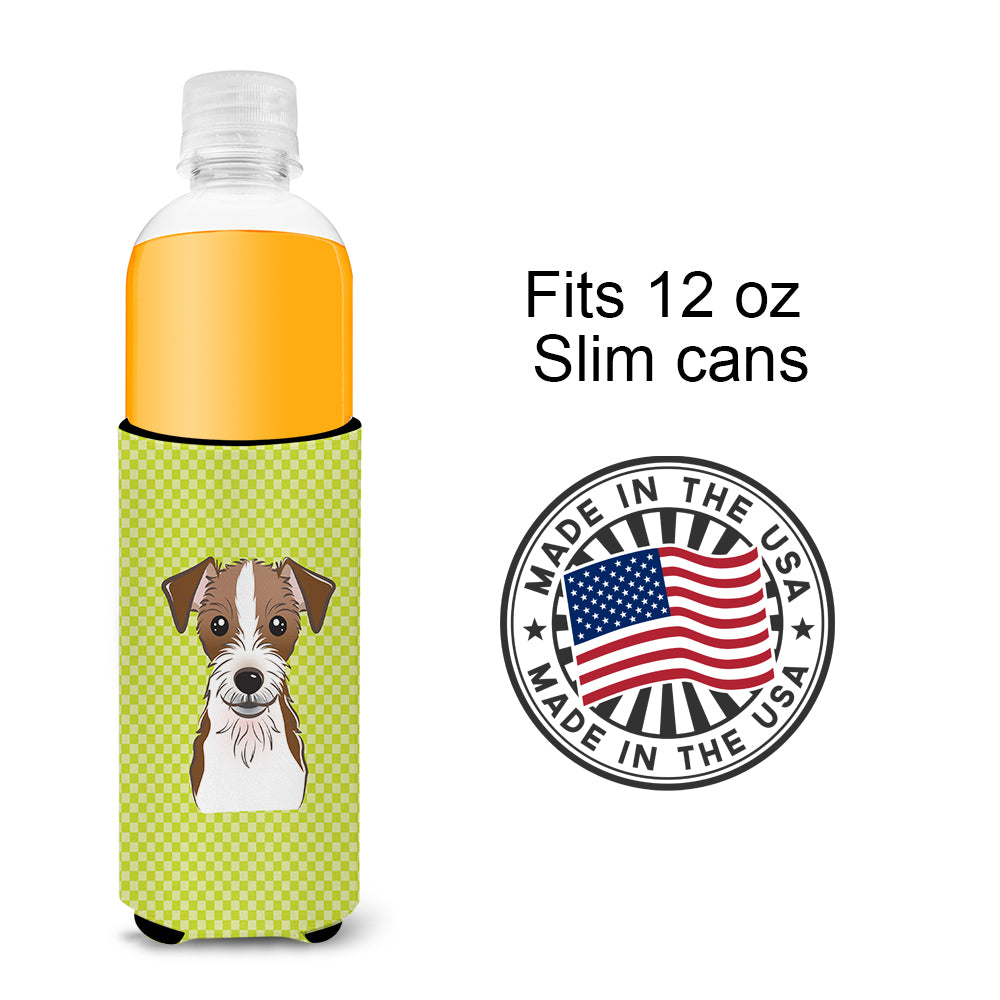 Checkerboard Lime  Jack Russell Terrier Ultra Beverage Insulators for slim cans.