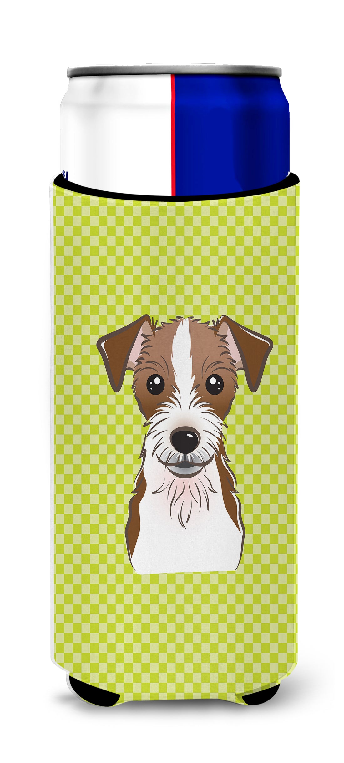 Checkerboard Lime  Jack Russell Terrier Ultra Beverage Insulators for slim cans.