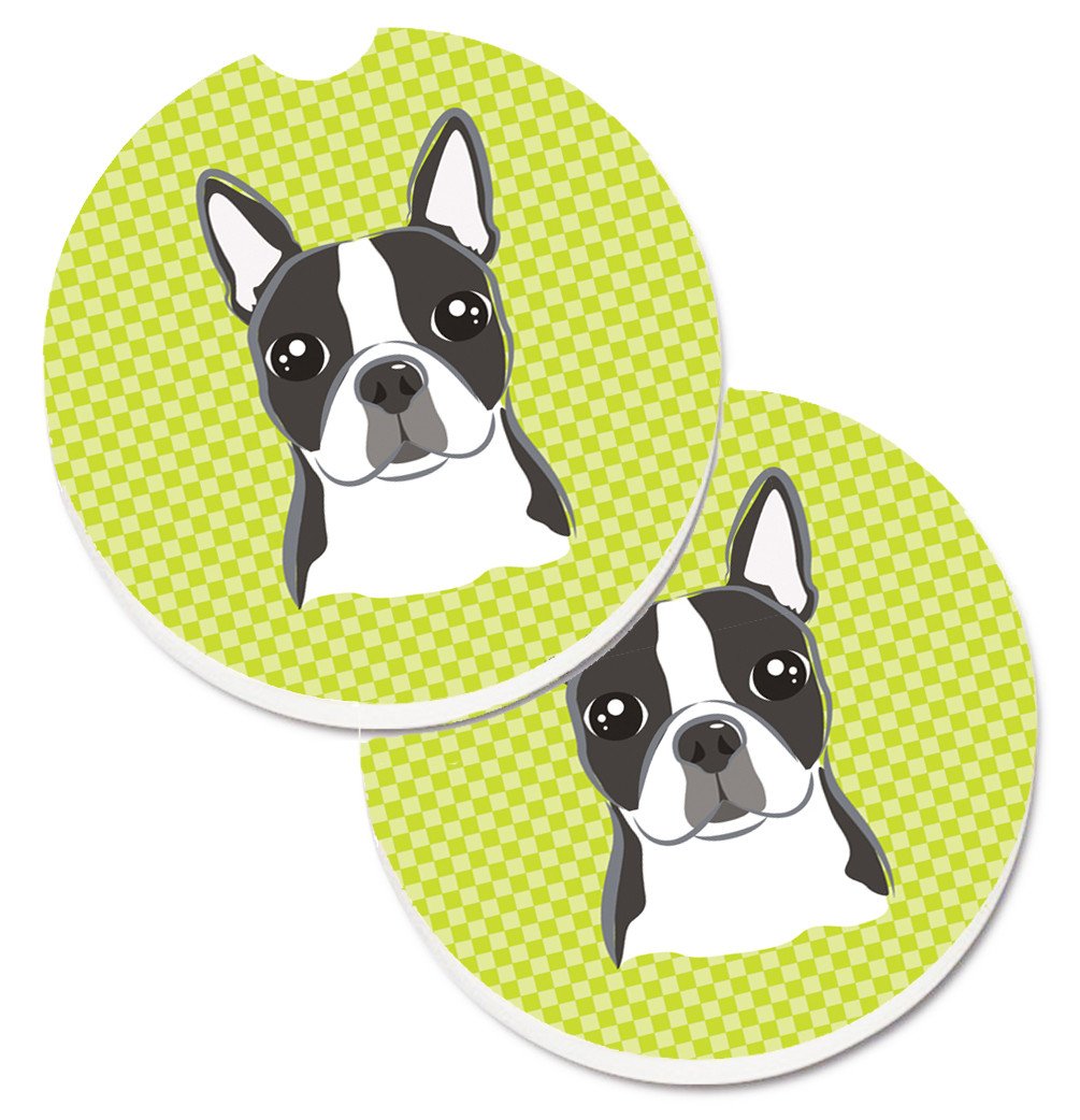 Checkerboard Lime Green Boston Terrier Set of 2 Cup Holder Car Coasters BB1265CARC by Caroline&#39;s Treasures