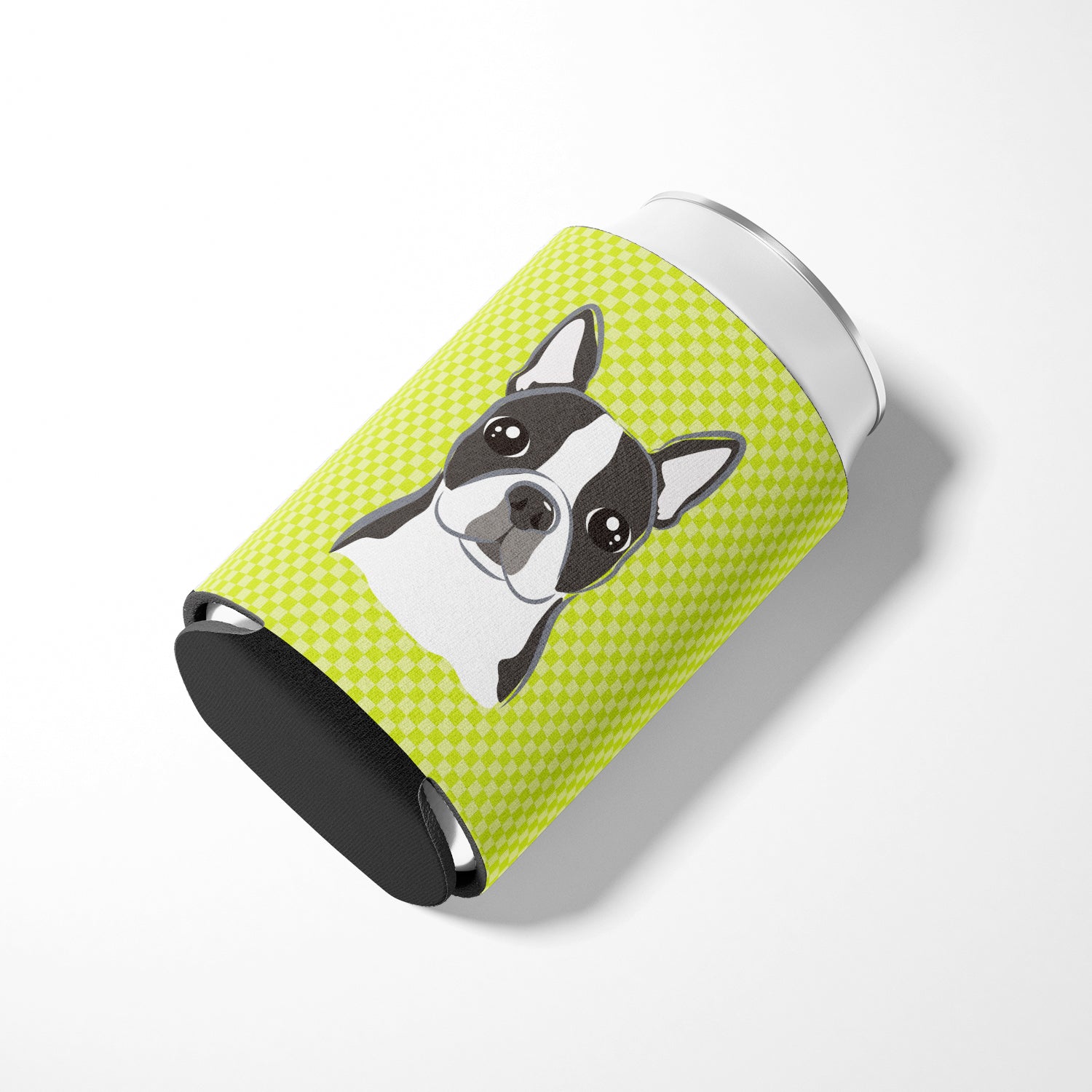 Checkerboard Lime Green Boston Terrier Can or Bottle Hugger BB1265CC.