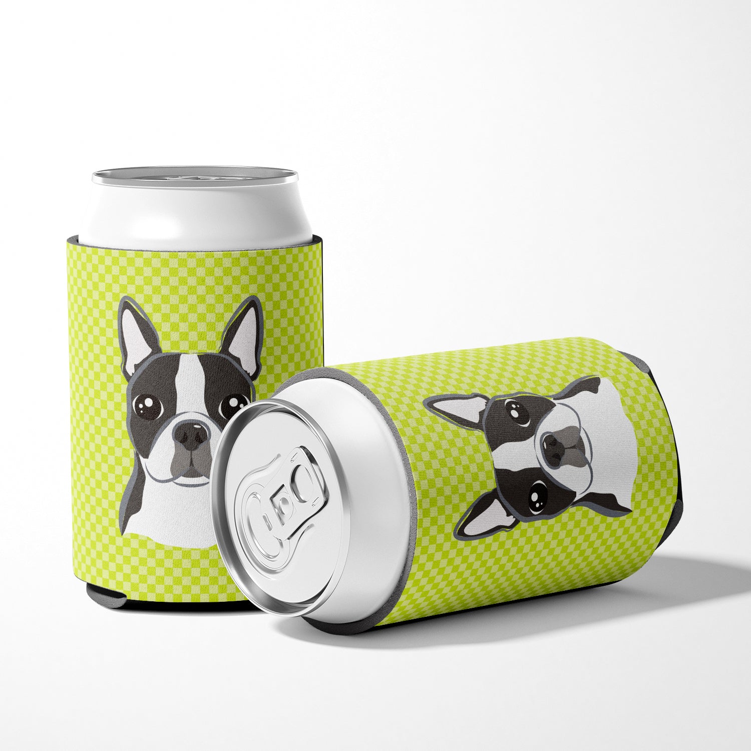 Checkerboard Lime Green Boston Terrier Can or Bottle Hugger BB1265CC