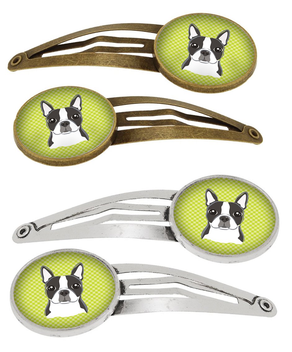 Checkerboard Lime Green Boston Terrier Set of 4 Barrettes Hair Clips BB1265HCS4 by Caroline&#39;s Treasures