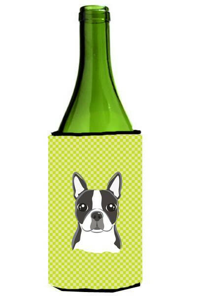 Checkerboard Lime Green Boston Terrier Wine Bottle Beverage Insulator Hugger BB1265LITERK by Caroline&#39;s Treasures