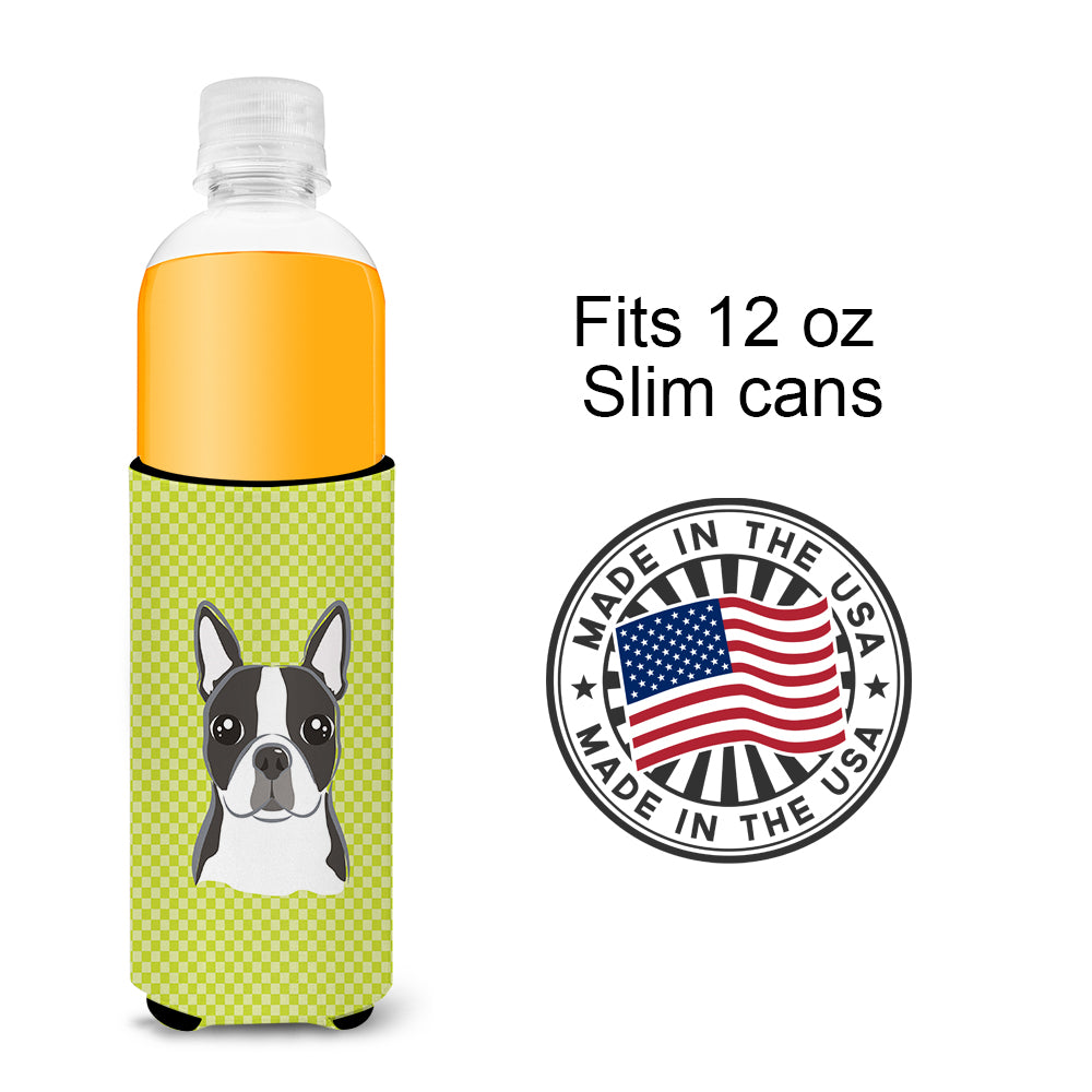 Checkerboard Lime Green Boston Terrier Ultra Beverage Insulators for slim cans.
