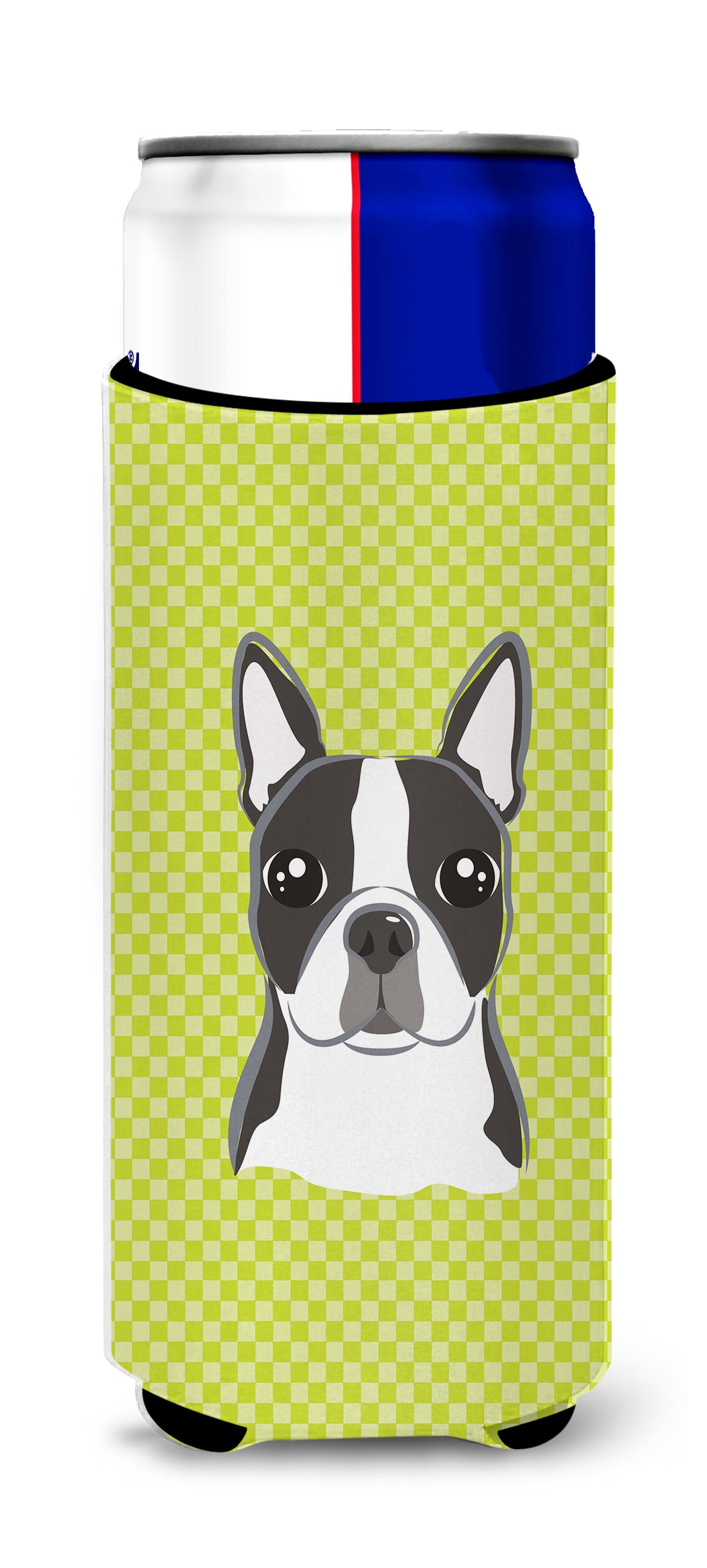Checkerboard Lime Green Boston Terrier Ultra Beverage Insulators for slim cans.