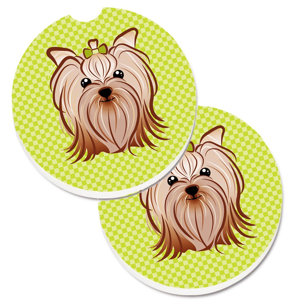 Checkerboard Lime Green Yorkie Yorkishire Terrier Set of 2 Cup Holder Car Coasters BB1266CARC by Caroline&#39;s Treasures
