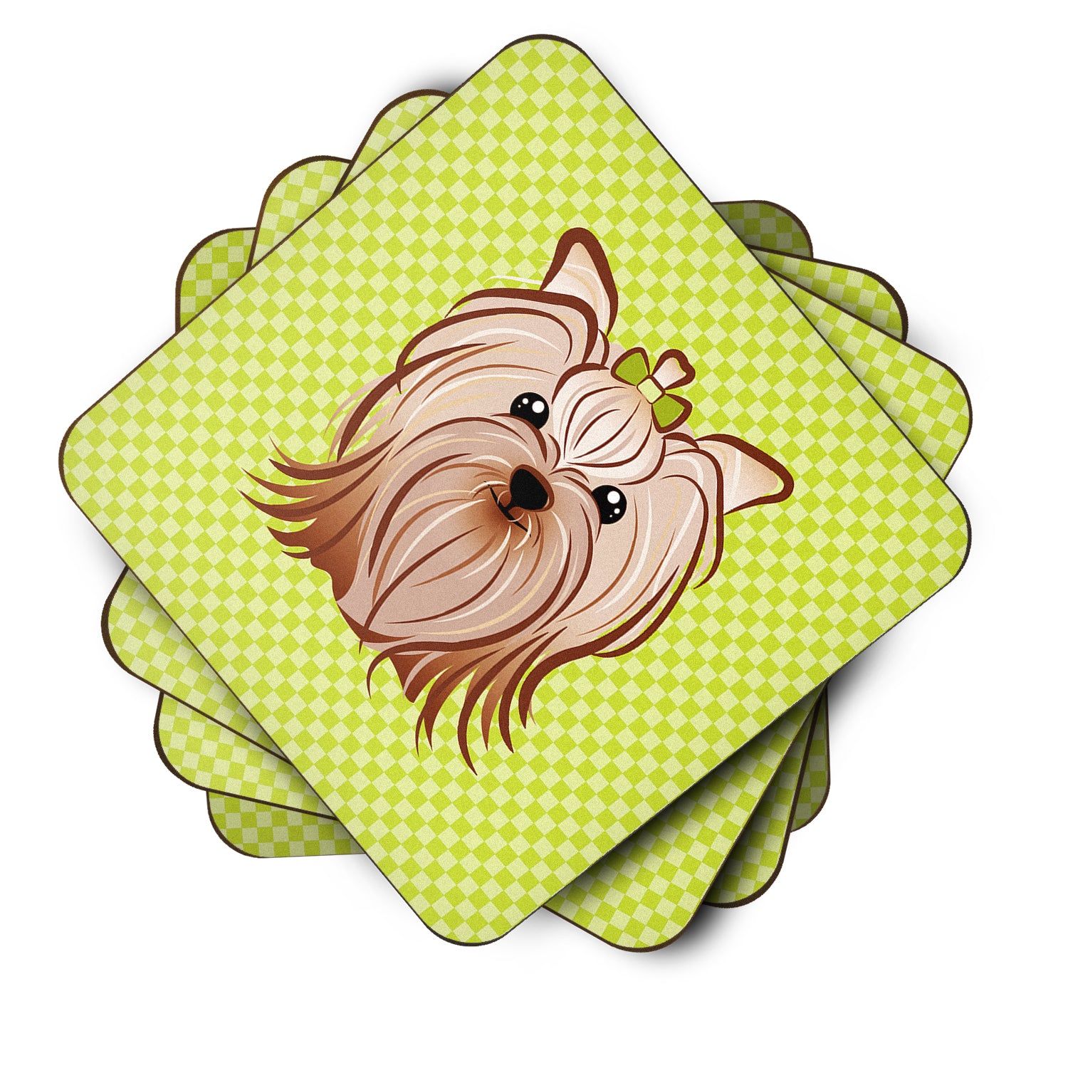 Set of 4 Checkerboard Lime Green Yorkie Yorkshire Terrier Foam Coasters BB1266FC - the-store.com