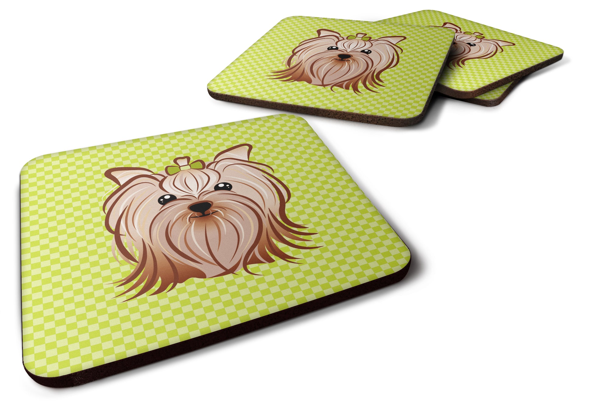Set of 4 Checkerboard Lime Green Yorkie Yorkshire Terrier Foam Coasters BB1266FC - the-store.com