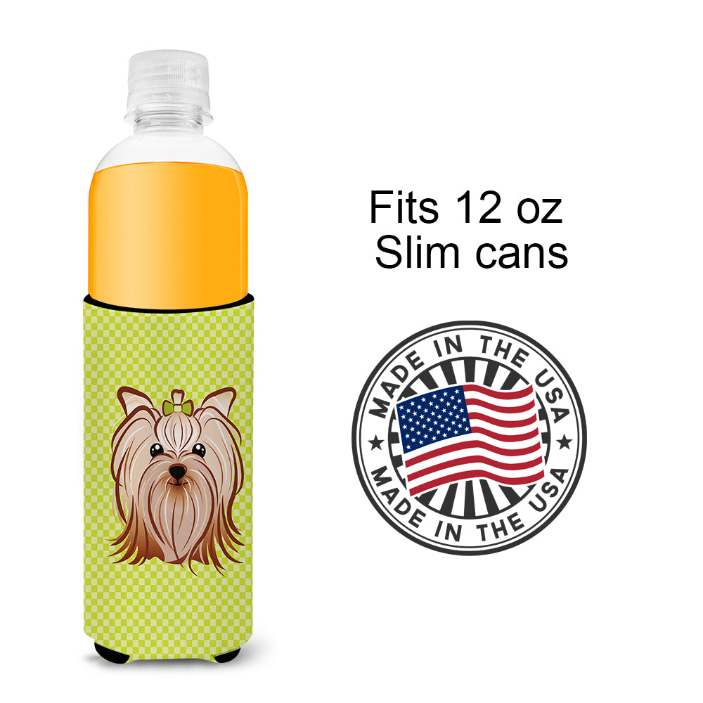 Checkerboard Lime Green Yorkie Ultra Beverage Insulators for slim cans.