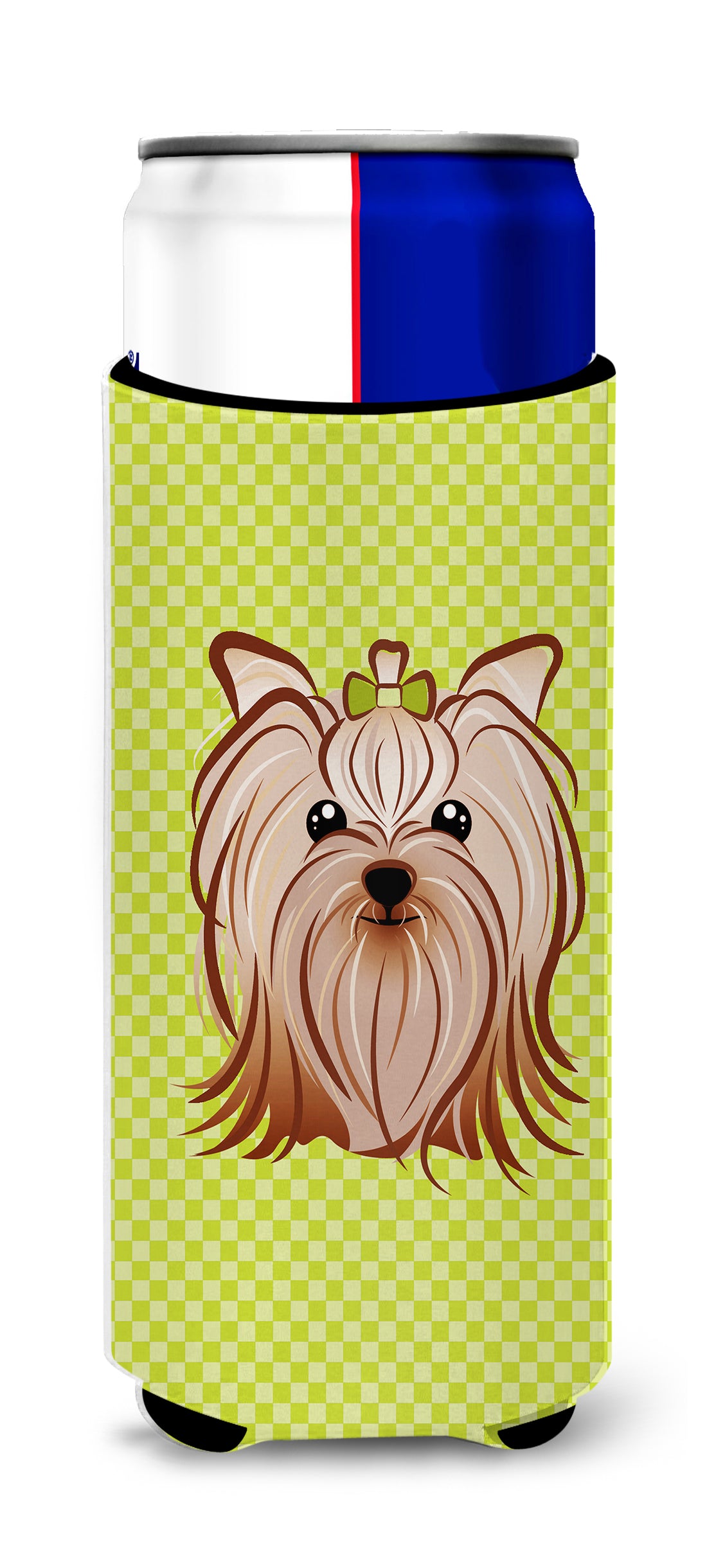 Checkerboard Lime Green Yorkie Ultra Beverage Insulators for slim cans.