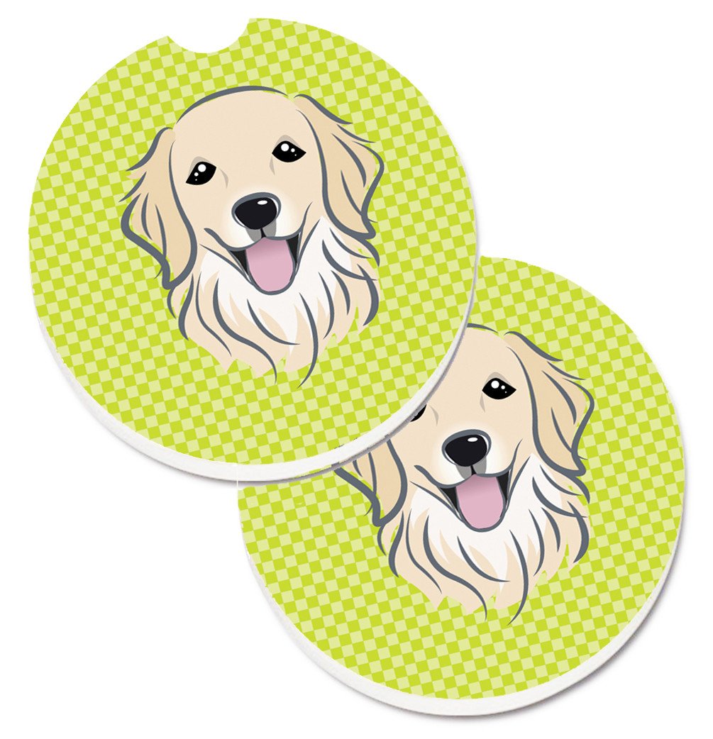 Checkerboard Lime Green Golden Retriever Set of 2 Cup Holder Car Coasters BB1267CARC by Caroline&#39;s Treasures